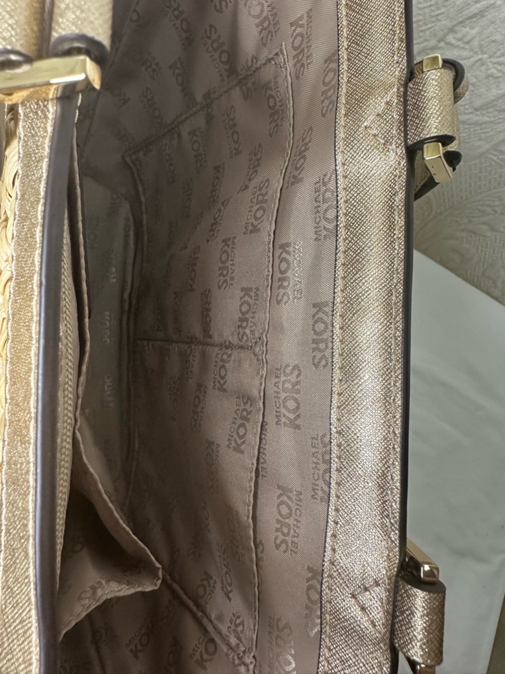 Michael Kors Cecelia Straw Tote with Green Leaf Appliqués and Gold Leather Trim - Picture 13 of 16